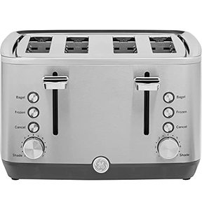 lot 1100034 image: GE Stainless Steel Toaster  4 Slice  Extra Wide Slots for Toasting Bagels, Breads, Waffles & More  7 Shade Options for the Entire Household to Enjoy  Countertop Kitchen Essentials  1500 Watts