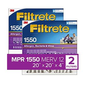 lot 1100041 image: Filtrete 20x20x4 Furnace Air Filter MPR 1550 DP MERV 12, Healthy Living Ultra Allergen Deep Pleat, 2-Pack, Fits Lennox & Honeywell Devices (exact dimensions 19.88 x 19.88 x 4.31)