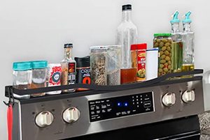 lot 1100065 image: Larsic Stove Top Spice Rack Shelf 4 Wide Any Stove Back Easy Fast Self Adhesive Wall and Shelf Bottom, Premium Designed Side Rails Non-Magnetic Electronics Safe Double Hooks For Utensil (30, Black)