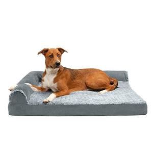 lot 1100098 image: Furhaven Two-Tone Faux Fur & Suede L Shaped Chaise Cooling Gel Foam Dog Bed - Stone Gray, Jumbo (X-Large)
