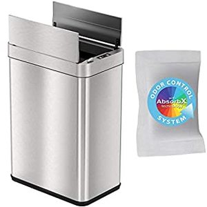 lot 1100102 image: iTouchless 13 Gallon Wings-Open Sensor Trash Can with AbsorbX Odor Filter and Pet-Proof Lid, Stainless Steel, Automatic Touchless Garbage Prevents Dogs & Cats Getting in kitchen-waste-bins (B08C381G9C)