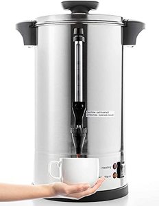 lot 1100015 image: SYBO 2022 UPGRADE SR-CP-50C Commercial Grade Stainless Steel Percolate Coffee Maker Hot Water Urn for Catering, 50-Cup 8 L, Metallic