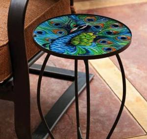 lot 1100123 image: Evergreen Garden Outdoor-Safe Round Peacock Glass Metal Side Table - 12 L x 12 W x 22 H  Indoor. Outdoor Side Tables for Your Patio, Lawn, Garden or Home