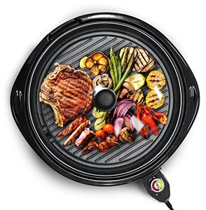 lot 1100125 image: Elite Gourmet EMG-980B Smokeless Electric Tabletop Grill Nonstick, 6-Serving, Dishwasher Safe Removable Grilling Plate, Grill Indoor, Tempered Glass Lid, Adjustable Temperature, 14, Black