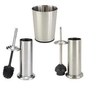 lot 1100184 image: Bath Bliss Bathroom Accessories 3 Piece Trash Can, Plunger & Toilet Brush Combo Bath Set, Stainless Steel Silver (AZ-120001-SS)