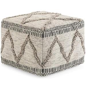 lot 1100185 image: SIMPLIHOME Sweeney Square Pouf, Footstool, Upholstered in Grey, Natural Handloom Woven Wool and Cotton Pattern, for the Living Room, Bedroom and Kids Room, Boho
