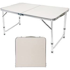 lot 1100192 image: FORUP Folding Camping Table, 4 Ft Aluminum Folding Table with Handle, Adjustable Portable Camp Table for Picnic, BBQ, Party, Beach, White