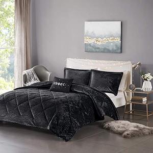 lot 1100201 image: Intelligent Design  Felicia Luxe Comforter  Velvet Lush, Double Sided Diamond Quilting, Modern All Season Bedding Set with Matching Sham, Decorative Pillow, FullQueen(90x90), Black 4 Piece
