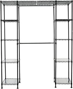 lot 1100214 image: Amazon Basics Expandable Metal Hanging Storage Organizer Rack Wardrobe with Shelves, 14-63 x 58-72, Black