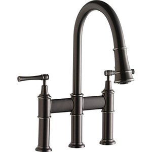 lot 1100271 image: Elkay LKEC2037AS Explore Antique Steel Double Lever Pull-down Spray Bridge Faucet  Retails for $650 