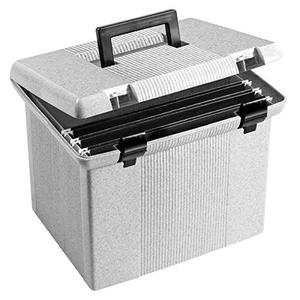 lot 1100297 image: Pendaflex Portable File Box with File Rails, Hinged Lid with Double Latch Closure, Granite, 3 Black Letter Size Hanging Folders Included (41747AMZ)