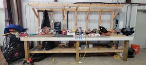 lot 10587 image: 12ft Wooden Work Bench W Over Head Lighting