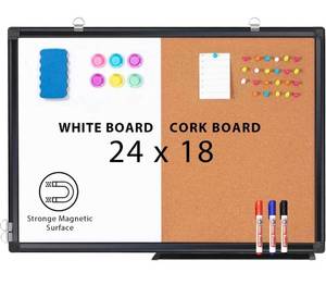 lot 4611 image: Combination White Board & Bulletin Cork Board 24 x 18 Whiteboard Magnetic, Combo Dry Erase Board with Black Aluminum Frame