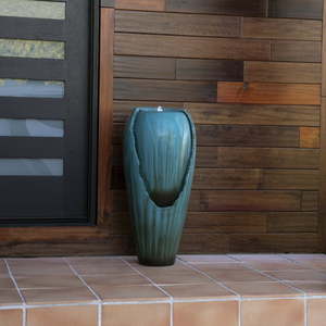 lot 4617 image: Alpine Corporation 32 Indoor Outdoor Jar Water Fountain Turquoise Retails $260