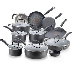 lot 4633 image: T-fal Ultimate Hard Anodized Nonstick 17 Piece Cookware Set, Black Retails $199