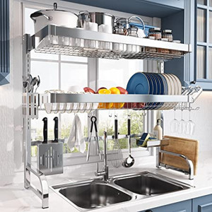 lot 4807 image: Majalis 3 tier over the sink adjustable stainless steel dish drying rack storage shelf with hooks