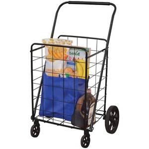lot 4808 image: Heavy Duty portable folding utility shopping cart with full swivel wheels and foot brake extra bags
