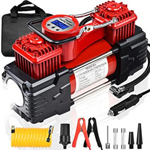 lot 4839 image: Meshuba twin cylinder air compressor portable air inflator LCD gauge with emergency ligh LED lamp
