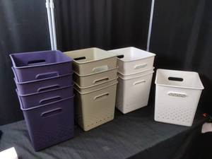 lot 4851 image: Set of 12 stackable nesting organizer baskets with handles 11 x 11 3 colors