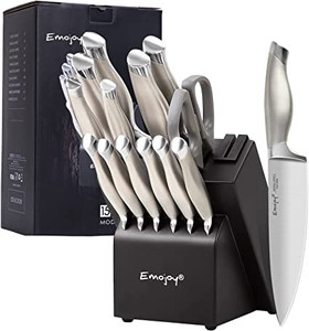 lot 4868 image: EmoJoy 15 piece German stainless steel knife set with wooden block built in sharpener scissors