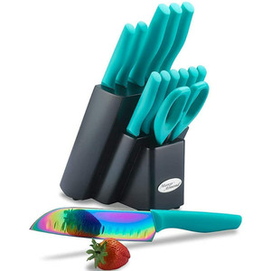 lot 4885 image: Marco Almond 14 piece rainbow knife set high carbon stainless steel with wood block