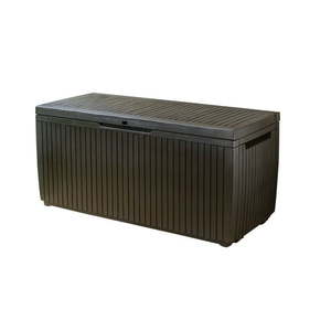 lot 12219 image: Keter Springwood Patio Outdoor 80 Gallon Plastic and Resin Deck Box Brown