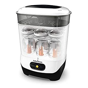 lot 12676 image: Baby Brezza 4 in 1 Baby Bottle Sterilizer Machine Largest Capacity Electric Steam Sterilization Pacifiers, Breast Pump Parts  Universal Sterilizing for All Bottles Plastic, Glass, Large, Small (B09K4NK74R)