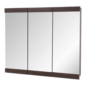 lot 3227 image: Home Decorators Collection 36-14 in. W x 29-34 in. H Fog Free Framed Surface-Mount Tri-view Bathroom Medicine Cabinet in Java with Mirror