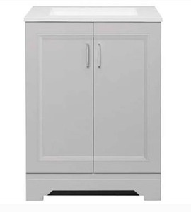 lot 7022 image: Glacier Bay Willowridge 24-12 in. W x 18.7 x 34.3 H Bath Vanity in Dove Gray with Cultured Marble Vanity Top in White with White Sink - Retail $279.99