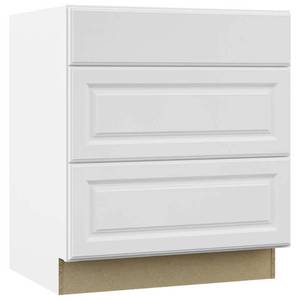 lot 12237 image: Hampton Bay Hampton Satin White Raised Panel Stock Assembled Pots and Pans Drawer Base Kitchen Cabinet (30 in. x 34.5 in. x 24 in.)