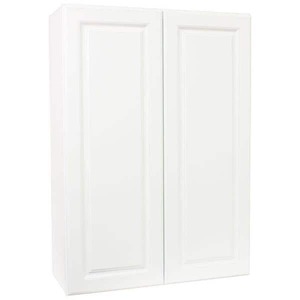 lot 12240 image: Hampton Bay Hampton Satin White Raised Panel Stock Assembled Wall Kitchen Cabinet (30 in. x 42 in. x 12 in.)
