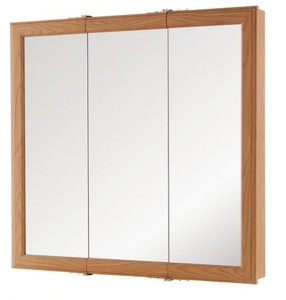 lot 1866 image: Home Decorators 30in Oak Medicine Cabinet Tri View Fog Free Mirror