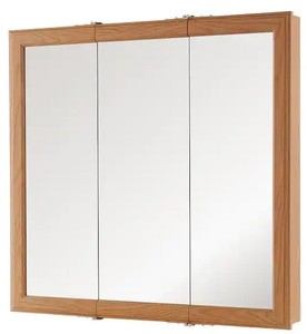 lot 12233 image: Home Decorators 30in Oak Medicine Cabinet Tri View Fog Free Mirror