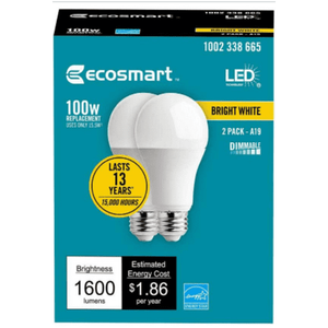 lot 2438 image: EcoSmart 100-Watt Equivalent A19 Dimmable Energy Star LED Light Bulb Bright White 1pk