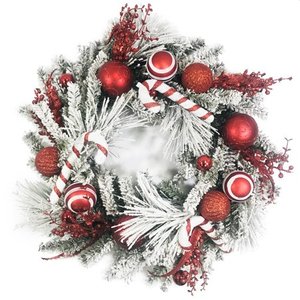 lot 2360 image: Null- Platon Flocked Artificial Mixed Greens Wreath with Red and White Ornaments 24
