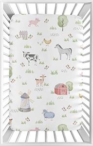 lot 3288 image: Farm Animals Baby Boy or Girl Fitted Mini Portable Crib Sheet For Pack and Play - Watercolor Farmhouse Horse Cow Sheep Pig