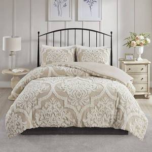 lot 3778 image: Madison Park Aeriela Tufted Cotton Chenille Damask Duvet Cover Set Taupe King Cal King Retail $119.98