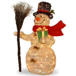 lot 12508 image: 35-inch White Ratton Snowman Holding Gift and Broom with 70 Clear Outdoor Lights- Retail$130.99
