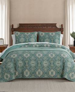 lot 12743 image: Tommy Bahama Turtle Cove Cotton Reversible Lagoon Quilt Set King Retail $111.10