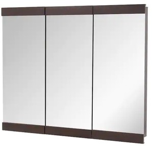 lot 3609 image: Home Decorators Collection 36-14 in. W x 29-34 in. H Fog Free Framed Surface-Mount Tri-view Bathroom Medicine Cabinet in Java with Mirror