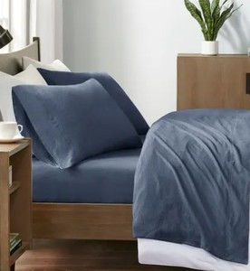 lot 3247 image: Carbon Loft Porta Cotton Jersey Knit Deep Pocket Heathered Bed Sheet Set QUEEN Navy