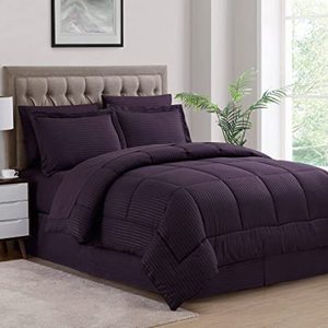 lot 3793 image: Soft Dobby 8 piece Striped Down Alternative Bed in a Bag Set w Sheets Eggplant King Retail $82.99