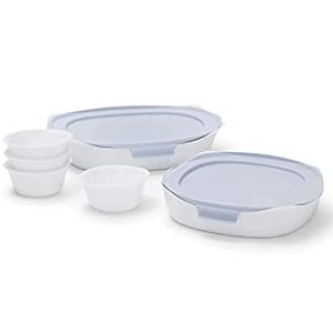 lot 12005 image: Rubbermaid Glass Baking Dishes for Oven, Casserole Dish Bakeware, DuraLite 8-Piece Set, White (with Lids) (B09NBDYFBL)
