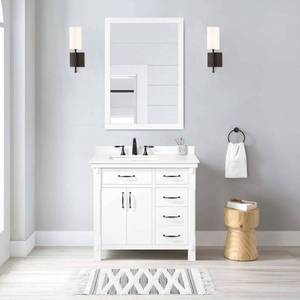 lot 1106 image: Home Decorators Collection Bellington 36 in. W x 22 in. D x 34.5 in. H Bath Vanity in White with White Engineered Stone Top - Retail $749.00