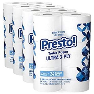 lot 1019 image: Amazon Brand-Presto 319-Sheet Mega Roll Toilet Paper, Ultra 3-Ply, 6 Count (B094NHYLYH)