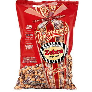 lot 1090 image: 5pk Popcornopolis Zebra Popcorn, 24 Ounce