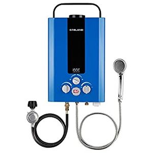 lot 8055 image: Tankless Water Heater, GASLAND Outdoors BE158L 1.58GPM 6L Outdoor Portable Gas Water Heater, Propane Water Heater, Overheating Protection, Easy to Install, Use for RV Cabin Barn Camping Boat, Blue (B08CDHX8VD) - Retail $169.99
