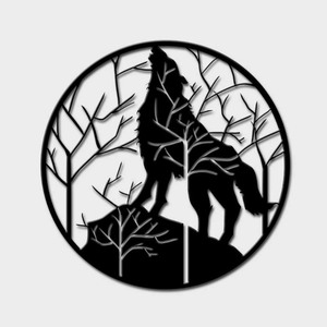 lot 3930 image: Metal Tree and Wolf Wall Art, 23.5