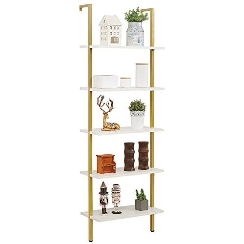 lot 11525 image: SUPERJARE Modern Ladder Shelf, 5-Tier Open Wall-Mounted Bookshelf with Stable Metal Frame, 72 Inches Storage Rack Shelves, Stand Bookcase for Home Office - White  Gold