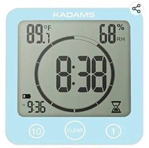 lot 12168 image: KADAMS Digital Bathroom Shower Kitchen Clock Timer with Alarm, Waterproof for Water Splashes, Visual Countdown Timer, Time Management Tool, Indoor Temperature Humidity, Suction Cup, Hole Stand